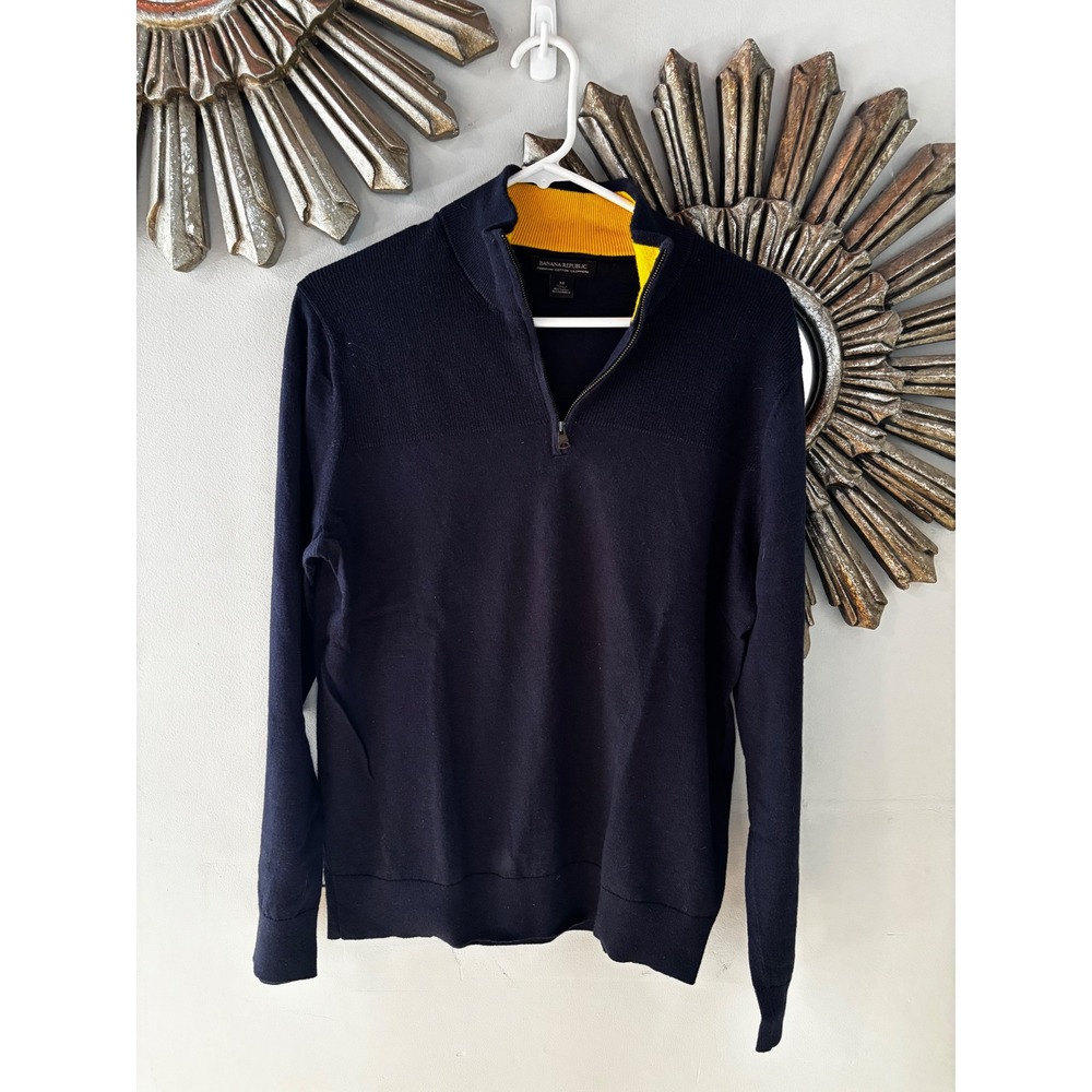 Banana Republic‎ Mens Navy Blue Cashmere Cotton Blend Quarter Zip Sweater Medium